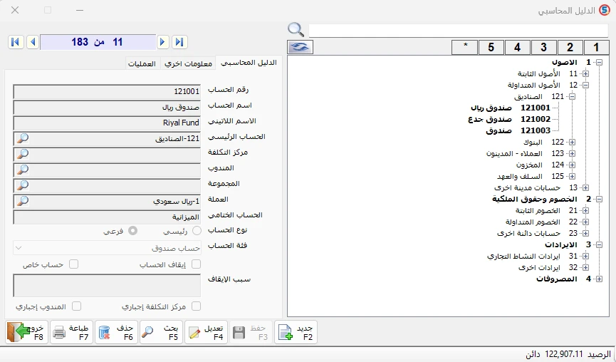 شجرة الحسابات ومستويات الحسابات الرئيسية والفرعية في المحاسب الشامل