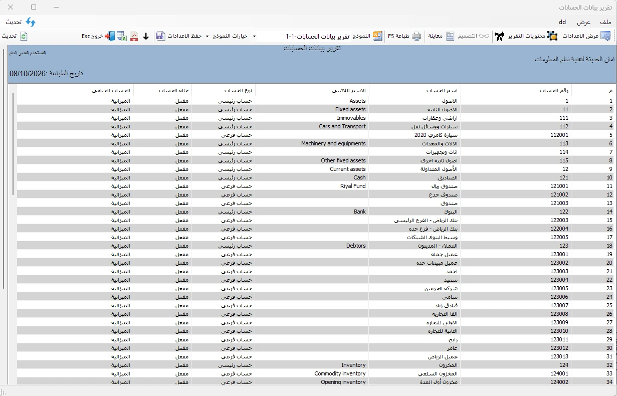 تقرير بيانات الحسابات والدليل المحاسبي في المحاسب الشامل