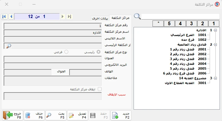 شاشة تعريف مراكز التكلفة في المحاسب الشامل توضح المراكز الرئيسية والفرعية وتسلسلها الهرمي.
