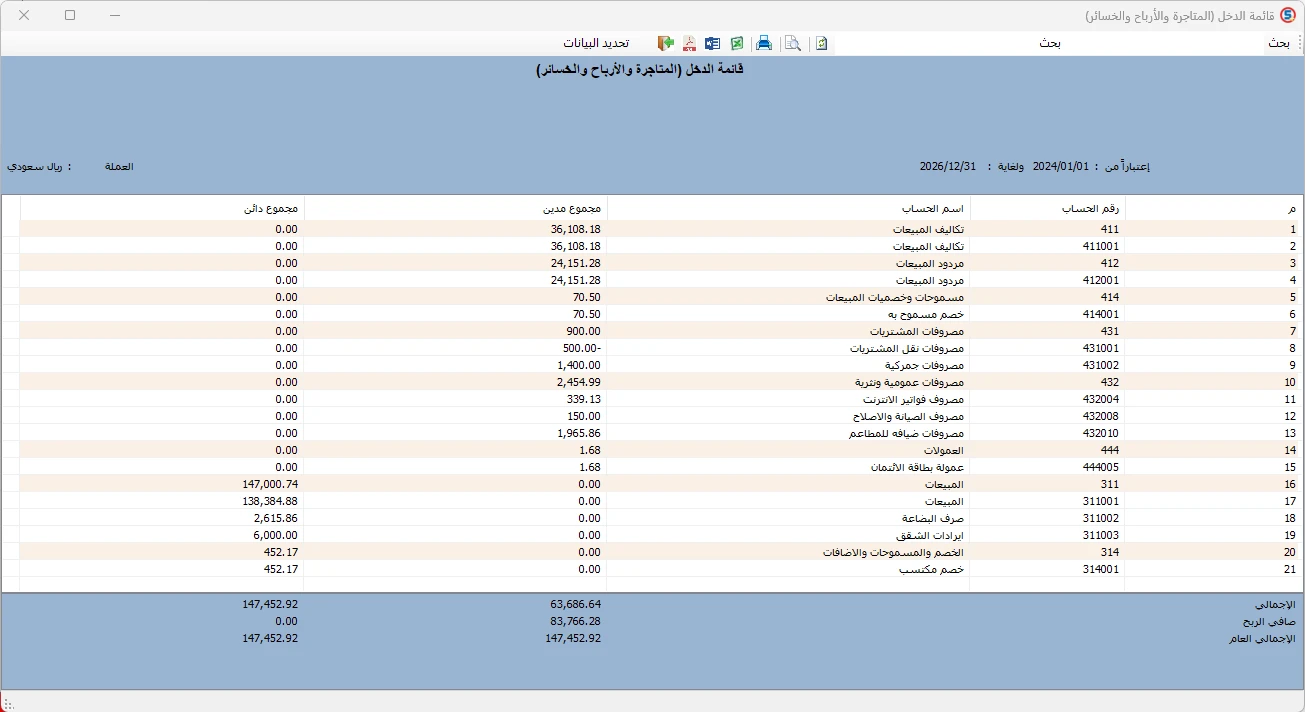 قائمة الدخل (المتاجرة والأرباح والخسائر) في المحاسب الشامل تعرض بنود المبيعات والتكاليف والمصروفات وصافي الربح.