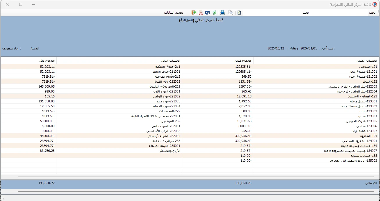 قائمة المركز المالي في المحاسب الشامل بنموذج العمودين لعرض الحسابات المدينة والدائنة وأرصدتها.